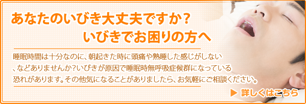 睡眠時間は十分なのに、朝起きた時に頭痛や熟睡した感じがしない、などありませんか？いびきが原因で睡眠時無呼吸症候群になっている恐れがあります。その他気になることがありましたら、お気軽にご相談ください。